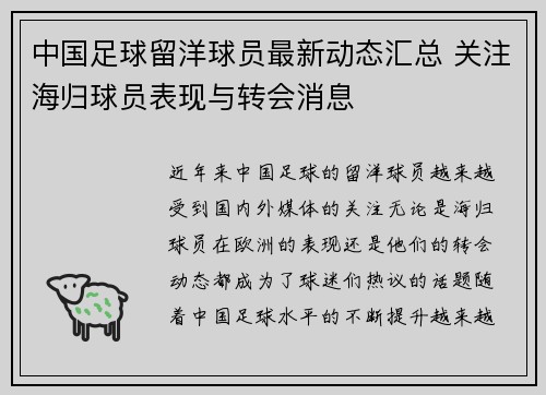 中国足球留洋球员最新动态汇总 关注海归球员表现与转会消息 中国足球留洋球员最新动态汇总 关注海归球员表现与转会消息