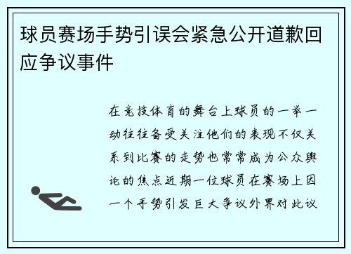 球员赛场手势引误会紧急公开道歉回应争议事件