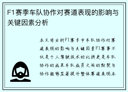 F1赛季车队协作对赛道表现的影响与关键因素分析