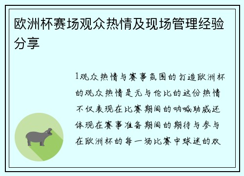 欧洲杯赛场观众热情及现场管理经验分享